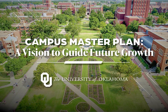 Aerial view of the University of Oklahoma campus with buildings, pathways, and green spaces. Text on the image reads: "Campus Master Plan: A Vision to Guide Future Growth." The University of Oklahoma logo is also visible.
