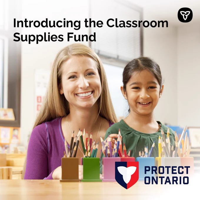 A teacher and student smiling behind coloured pencils in pencil cups. Text reads: Introducing the Classroom Supplies Fund
