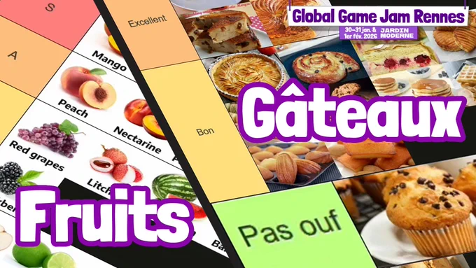 Miniature de la vidéo, 2 tiers-list se superposent : Gâteaux et Fruits.