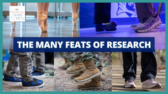 A collage featuring different types of footwear in various settings. The image includes ballet shoes, formal shoes, athletic sneakers, military boots, and casual shoes. The title "THE MANY FEATS OF RESEARCH" is prominently displayed across the center.
