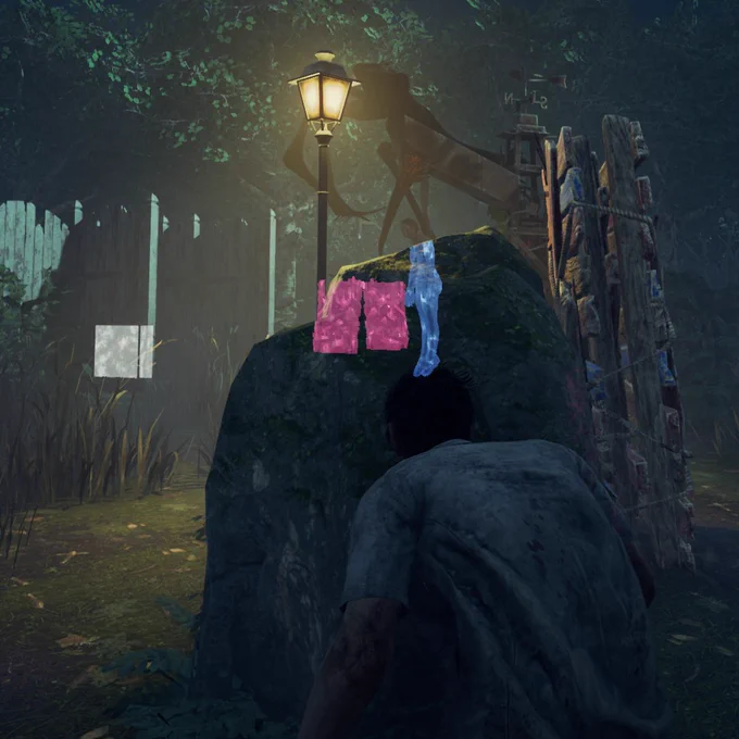 A Dead by Daylight screenshot featuring Dwight crouching behind a rock. The auras of a vault, pallets, and hooked Survivor are visible with changed colours: white, pink and blue respectively.