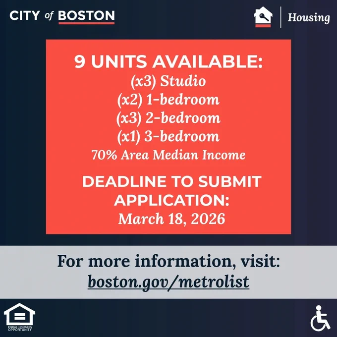 Are you looking for an income-restricted apartment?  The 1035 Commonwealth Ave development is now accepting rental lottery applications for studios to 3BR units available for households earning at or below 70% AMI. Don’t miss out, apply today, at boston.gov/metrolist!
