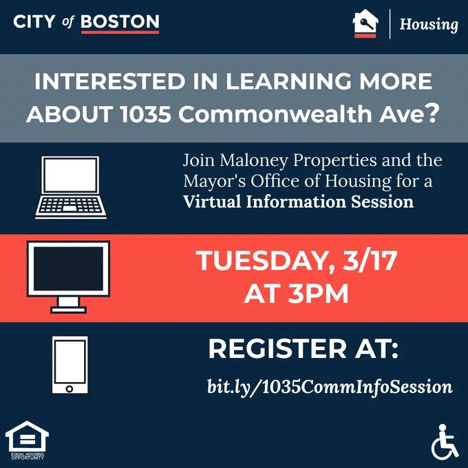 Are you looking for an income-restricted apartment?  The 1035 Commonwealth Ave development is now accepting rental lottery applications for studios to 3BR units available for households earning at or below 70% AMI. Don’t miss out, apply today, at boston.gov/metrolist!
