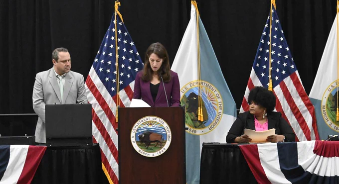 Deputy Secretary of the U.S. Department of the Interior Kate MacGregor reads bids at the Big Beautiful Gulf 2 oil and gas lease sale.