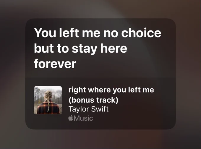 The lyric ”You left me no choice but to stay here forever” form the song ”right where you left me (bonus track)” by Taylor Swift in white text on a blurry background.