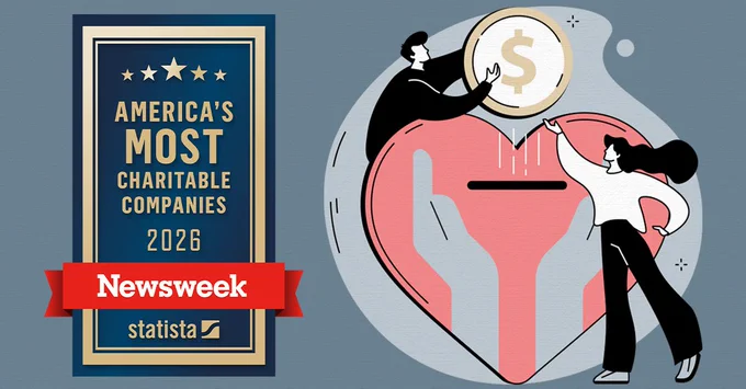 Image of America’s Most Charitable Companies 2026 logo on the left. To the right is a graphic design of a man putting a coin into a heart-shaped bank, with a woman on the right reaching her arm out to the coin. Within the heart are two hands, stretched out to look like they are grabbing the coin.