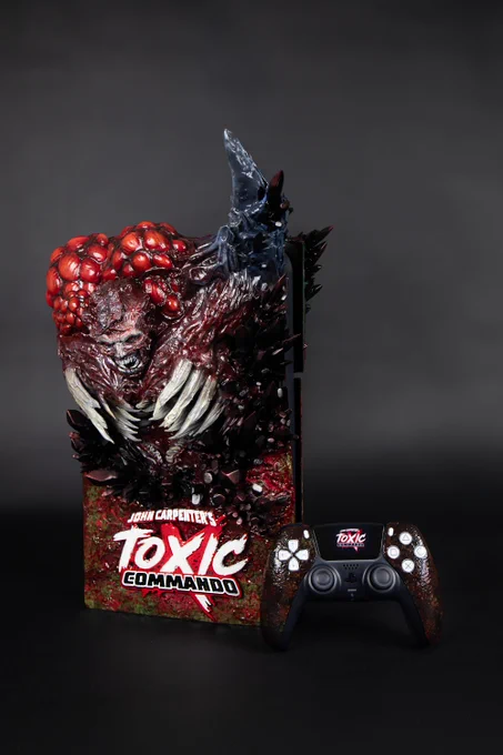 Custom John Carpenter's Toxic Commando PS5 and controler with the game's logo and an iconic enemy from the game on it.