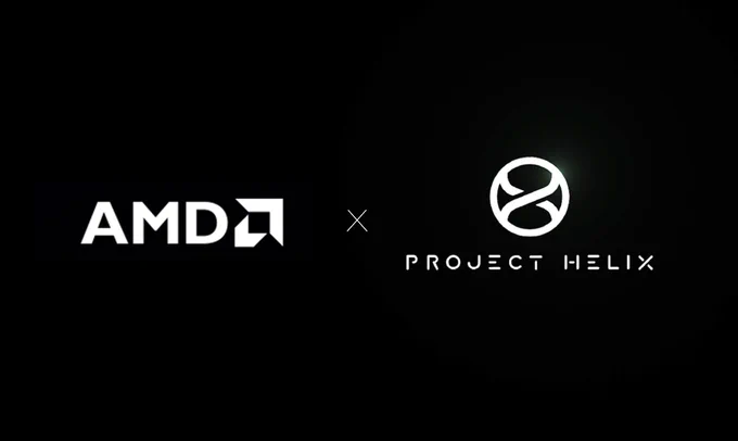 AMD logo displayed alongside the Project Helix logo from Xbox in a co-branded lockup, representing collaboration between AMD and Xbox on Project Helix.