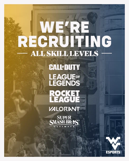 WVU Esports is recruiting players in Call of Duty, League of Legends, Rocket League, Valorant and Super Smash Bros Ultimate.
