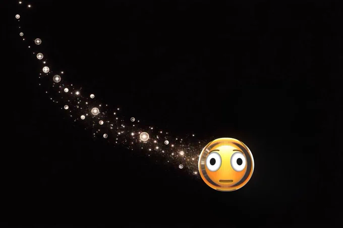 An ASCII meme that starts with stars in the post copy and trails down into a black image with more stars. The stars then lead into the new Apple emoji of the distorted face behind the Glass effect made in Figma. 