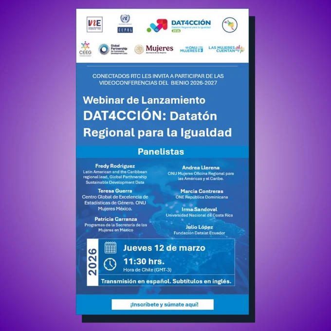 #LATAM |

👩🏽‍💻📈🟣🟢 ¿Quieres transformar #datos en soluciones con #perspectivadegénero?

✊🔥🟪🟩 Tras el #8M...

📊 ¡Únete al lanzamiento #DAT4CCIÓN 2026, Datatón Regional para la Igualdad! 📊

🗓️ 12.03.26 
🕣 8:30 hrs 🇲🇽 | 11:30 hrs 🇨🇱
📋 Regístrate ➡️ https://eclac.webex.com/webappng/sites/eclac/meeting/register/0b36992991ea421b88d6388b6bc31ffa?ticket=4832534b000000086fb2f1545df7639573aa3642c598127b503f0bc87961a4cc902e7404d33d5ba4&timestamp=1773253130815&RGID=redb521ba0df0c9d0b8272c978cd2c734&isAutoPopRegisterForm=false