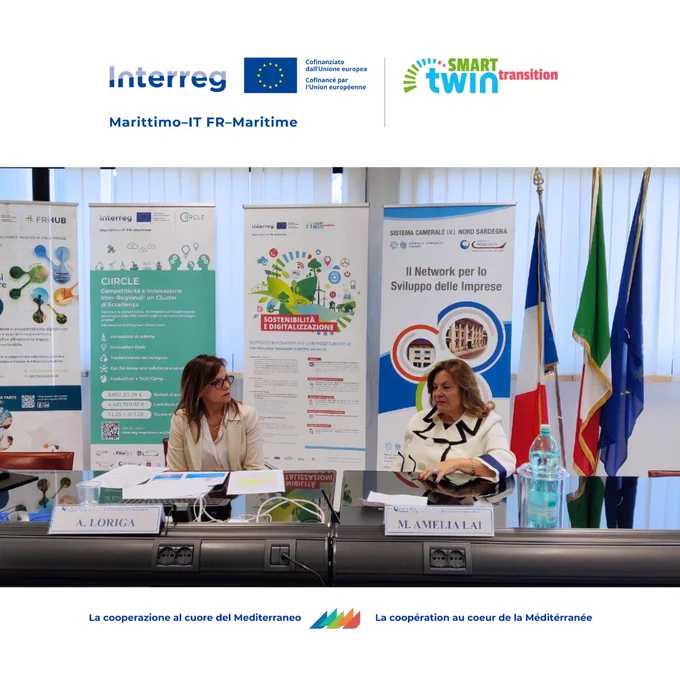 La Presidente Maria Amelia Lai e la Vice direttrice Antonella Loriga presentano il progetto Smart Twin Transition durante la conferenza stampa nella sede di Promocamera a Sassari