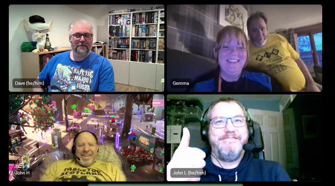 A screenshot of discord Showing Dave in the top left, Gemma & Simon in top right, with John H in the bottom left and John L in the bottom right. 