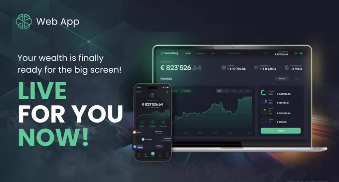 Dashboard showcases the SwissBorg crypto wealth management web app, displaying portfolio value, charts, and cryptocurrency data with a modern design on both mobile and desktop.