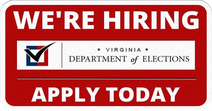 Virginia Department of Elections hiring announcement with a red background and a checkmark logo, urging to apply today.