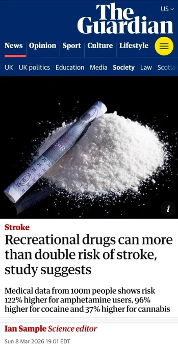 Screenshot of headline: "Recreational drugs can more than double risk of stroke, study suggests