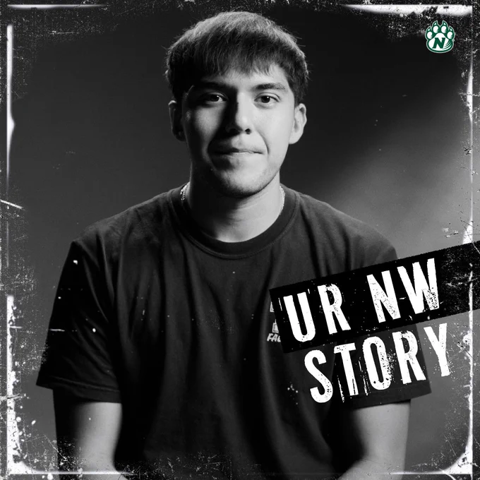 Anthony Martinez smiles for the camera in a black-and-white portrait, with the words "UR NW Story" over the top.