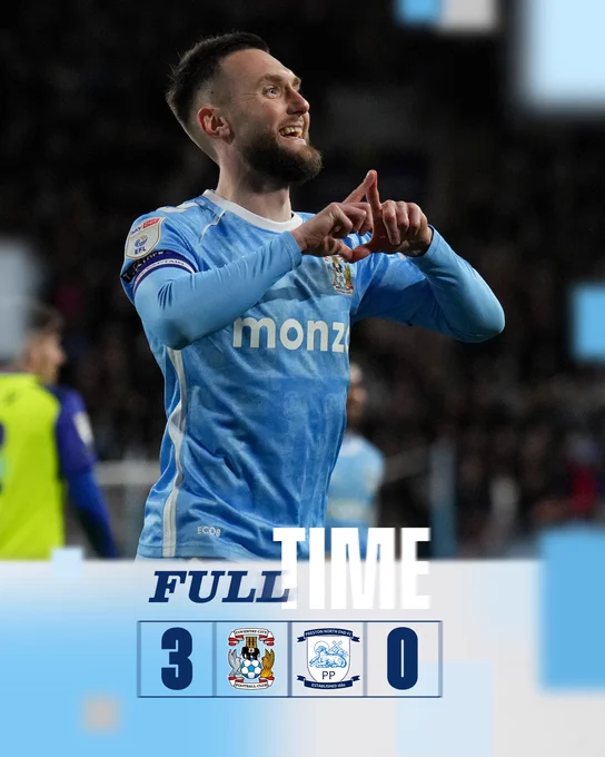 Full-time: Coventry City 3-0 Preston North End.