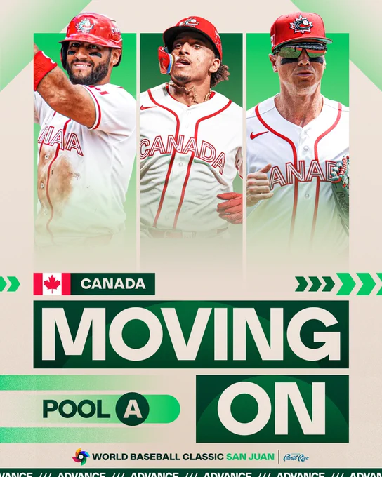 Pool A - Team Canada Moving On
(Pictured from left to right) Abraham Toro claps his hands, Bo Naylor rounds the bases and Tyler O’Neill runs off the field. They wear white Team Canada jerseys and red Team Canada caps.
World Baseball Classic San Juan, Discover Puerto Rico
