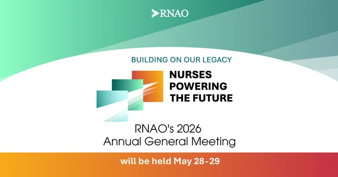 Graphic post inviting registration for RNAO's 101 AGM. The graphic says the Annual General Meeting will be held on May 28 to May 29 in Toronto.