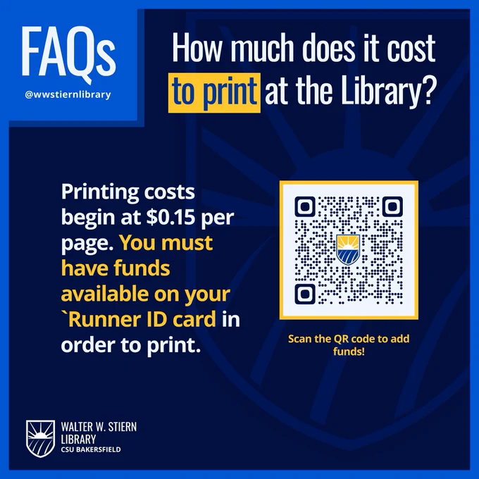 Image text says, "How much does it cost to print at the library? Printing costs begin at $0.15 per page. You must have funds available on your `Runner ID card in order to print."