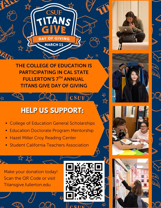 Flyer sharing information for 4 College of Ed causes supporting Titans Give. Only 6 hours left to donate. Donate before midnight and contribute to matched donations! Scan QR code or visit shared link.