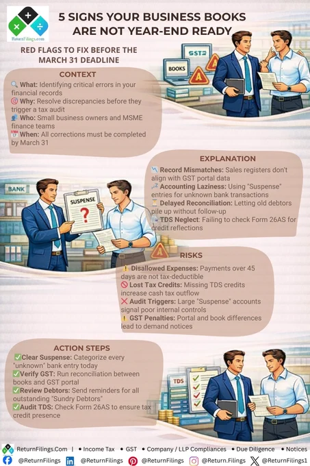Image prepared by ReturnFilings.Com it contains 5 Signs Your Business Books Are Not Year-End Ready
Red Flags to Fix Before the March 31 Deadline

CONTEXT
• 🔍 What: Identifying critical errors in your financial records
• 🎯 Why: Resolve discrepancies before they trigger a tax audit
• 👥 Who: Small business owners and MSME finance teams
• 📅 When: All corrections must be completed by March 31

EXPLANATION
• 📉 Record Mismatches: Sales registers don't align with GST portal data
• 💤 Accounting Laziness: Using "Suspense" entries for unknown bank transactions
• ⏳ Delayed Reconciliation: Letting old debtors pile up without follow-up
• 📑 TDS Neglect: Failing to check Form 26AS for credit reflections

RISKS
• ⚠️ Disallowed Expenses: Payments over 45 days are not tax-deductible
• 🚫 Lost Tax Credits: Missing TDS credits increase cash tax outflow
• ❌ Audit Triggers: Large "Suspense" accounts signal poor internal controls
• ⚠️ GST Penalties: Portal and book differences lead to demand notices