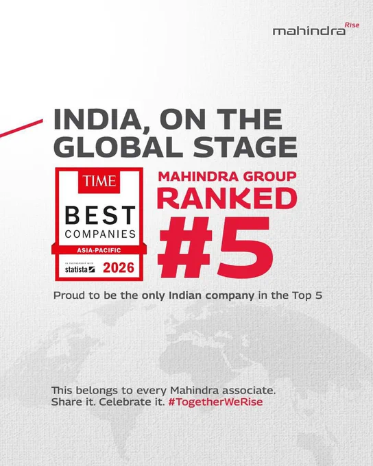 INDIA, ON THE GLOBAL STAGE

MAHINDRA GROUP RANKED #5 BEST COMPANIES ASIA-PACIFIC

Proud to be the only Indian company in the Top 5
This belongs to every Mahindra associate.
Share it. Celebrate it. #TogetherWeRise