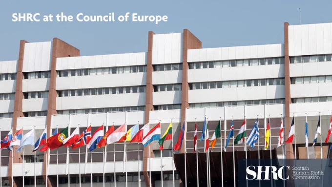 Exterior image of the Council of Europe building in Strasbourg. Text saying SHRC at the Council of Europe. Scottish Human Rights Commission logo. 