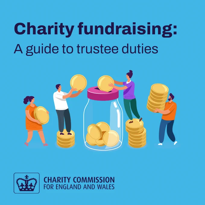 Illustration of four people placing large coins into a jar, symbolizing charity fundraising and trustee responsibilities. Text reads Charity fundraising: A guide to trustee duties.