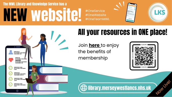 The background is white. The top third is covered by an orange banner reading 'The MWL Library and Knowledge Service has a NEW Website! #OneService #OneWebsite #OneTeamMWL' with an image of a mobile phone displaying the new LKS website, and the logo for the Library and Knowledge Service. The middle third shows a graphic is some people sat and stood on a pile of books, and a mobile phone. Text reads 'All your resources in ONE place! Join here to enjoy the benefits of membership with a QR code linking to https://now.koha-ptfs.co.uk/cgi-bin/koha/opac-memberentry.pl. The bottom third is teal, and read 'library.merseywestlancs.nhs.uk' and, on a black diagonal banner 'Now Live!