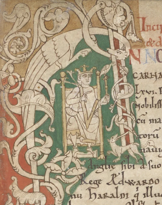 A detail from the Chronicle of Battle Abbey, showing a historiated initial enclosing a portrait of William the Conqueror, sitting enthroned, wearing a crown and holding a sceptre, with a dog at his feet. The initial is formed from a winged creature. 
