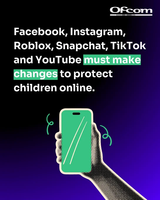 A hand holding a smartphone with text: Facebook, Instagram, Roblox, Snapchat, TikTok, and YouTube must make changes to protect children online.