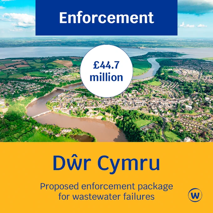 Photo of a river with the text 'Enforcement, £44.7, Dŵr Cymru, Proposed enforcement package for wastewater failures'