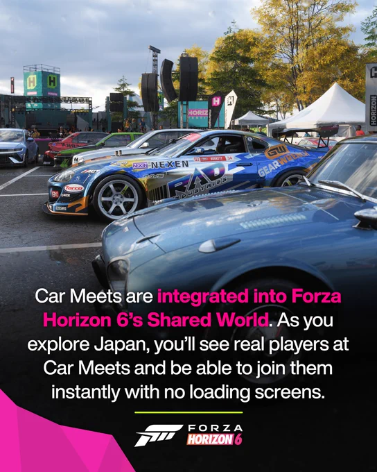 Car Meets are integrated into Forza Horizon 6's Shared World. As you explore Japan, you'll see real players at Car Meets and be able to join them instantly with no loading screens.