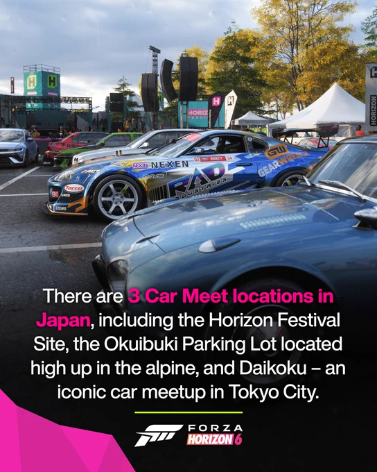 There are 3 Car Meet locations in FH6 Japan, including the Horizon Festival Site, the Okuibuki Parking Lot located in high up in the alpine, and Daikoku - an iconic car meetup in Tokyo City.