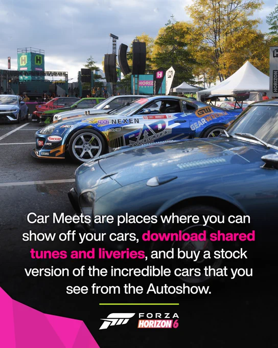 Car Meets are places where you can show off your cars, download shared tunes and liveries, and buy a stock version of the incredible cars that you see from the Autoshow.