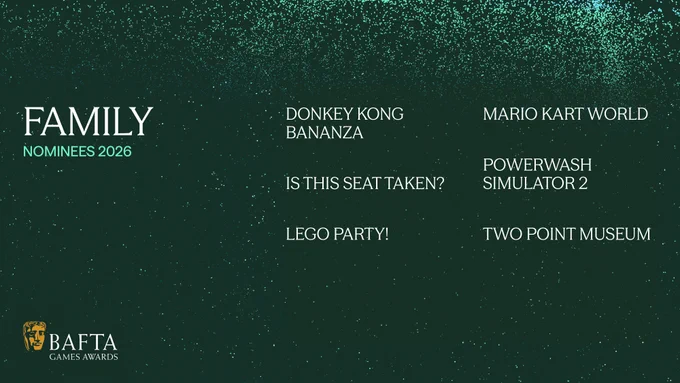 A green graphic with particle detailing with the category “Family” and “Nominees 2026” on the left side and the nominees listed on the right: DONKEY KONG BANANZA, IS THIS SEAT TAKEN?, LEGO PARTY!, MARIO KART WORLD, POWERWASH SIMULATOR 2, TWO POINT MUSEUM