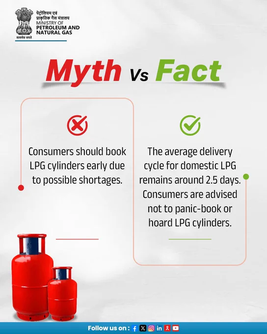 Misinformation can lead to unnecessary panic.

Proactive measures are in place to ensure uninterrupted LPG supply across the country.

• Domestic LPG production has increased
• Supply is being prioritised for households
• Measures have been implemented to prevent diversion
• Delivery timelines remain stable

Consumers are advised not to panic-book LPG cylinders.

Customers can conveniently book LPG refills from home through:
• WhatsApp booking
• SMS/IVRS Booking
• Respective OMC mobile apps

There is no need to visit distributors or stand in queues.