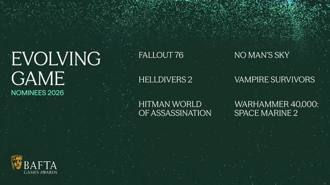 A green graphic with particle detailing with the category “Evolving Game” and “Nominees 2026” on the left side and the nominees listed on the right: FALLOUT 76, HELLDIVERS 2, HITMAN WORLD OF ASSASSINATION, NO MAN'S SKY, VAMPIRE SURVIVORS, WARHAMMER 40,000: SPACE MARINE 2