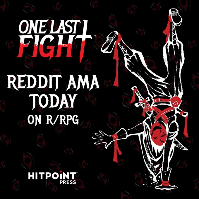 Stylized graphic promoting the One Last Fight Reddit AMA today on r/RPG with an upside-down Fool character in red and white against a black background.