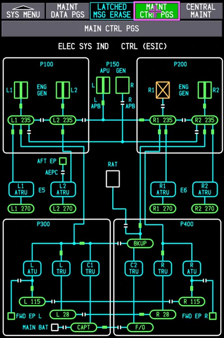 Gameplay capture showing the MAINT CTRL PGS page for the electrical system. Data shown is work-in-progress and subject to change.