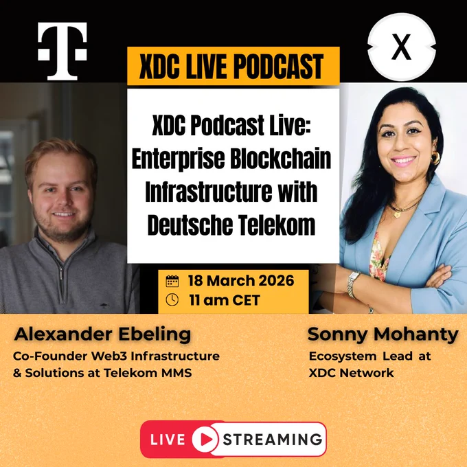 Join us for a special live episode of the XDC Podcast, featuring Alexander Ebeling, Co-Founder Web3 Infrastructure & Solutions at Telekom MMS, in conversation with Sonny Mohanty from XDC Network.
In this session, we explore how one of the world’s largest telecommunications companies is actively contributing to the growth of decentralized networks through enterprise-grade blockchain infrastructure.
Deutsche Telekom MMS operates validator nodes across multiple blockchain ecosystems, helping secure decentralized networks and providing reliable infrastructure that supports real-world blockchain adoption.
The discussion will highlight how global infrastructure providers are entering Web3, why enterprise-grade node operators matter for decentralized networks, and how collaboration between telecom infrastructure and blockchain ecosystems is shaping the future of digital infrastructure.
