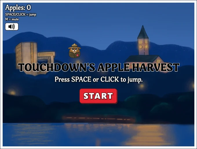 A screenshot of the video game. The screen says "Touchdown's Apple Harvest". Under that it says "Press SPACE or CLICK to jump." A red "START" button is under that.