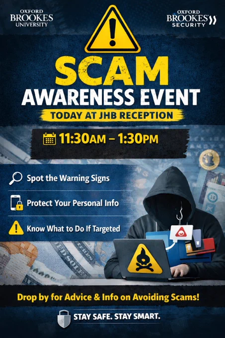 With scams increasingly targeting students and young people, this event aims to help you recognise the warning signs and protect yourself from fraud.
🔎 Learn how to spot common scams
📱 Get advice on protecting your personal information
💡 Find out what to do if you think you’ve been targeted
Come along, ask questions, and get practical advice to help keep yourself and your money safe.
Your safety and wellbeing matter to us, stay informed and stay protected. 💙