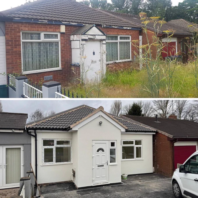 A home in Perry Barr that has been brought back into use by the Empty Homes Team. The first image is of what it looked like before, the home is dilapidated, and the garden is overgrown. The second image shows a modern-looking house that has been improved.