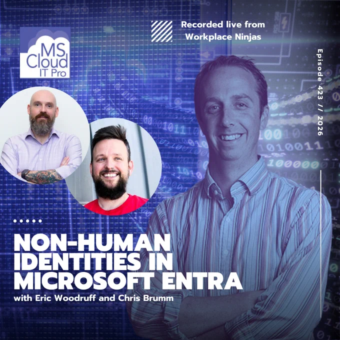 Episode 423 artwork showing Eric Woodruff, Chris Brumm, and host Ben Stegink with the text Non-Human Identities in Microsoft Entra, recorded live at Workplace Ninjas 2026