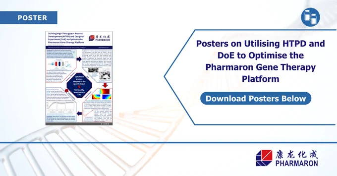 A promotional graphic for Pharmaron featuring a poster on utilizing High Throughput Process Development (HTPD) and Design of Experiment (DoE) to optimize the Pharmaron AAV gene therapy platform. The image encourages downloading the poster, highlighting advancements in process optimization for high-quality, low-impurity AAV production.