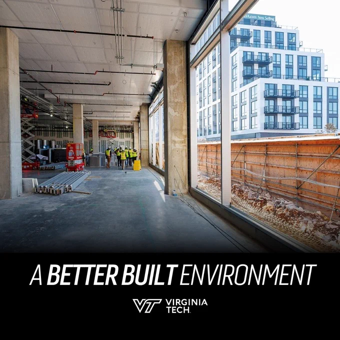 A photo of the inside of a building where cosntruction is being done. Text reads "A better built environment."