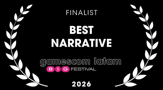 A finalist badge for Best Narrative in the gamescom latam BIG festival